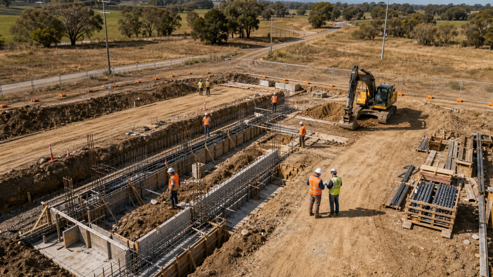 Obra rural con trabajadores, cascos y maquinaria detectados visualmente
