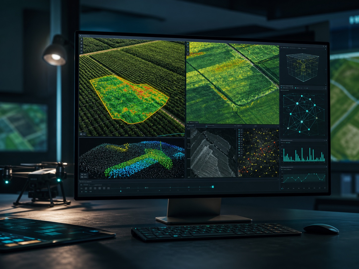 Panel técnico con análisis de imágenes aéreas e inteligencia artificial