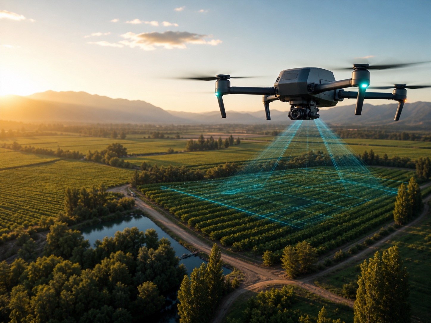 Drone capturando datos aéreos sobre un predio agrícola