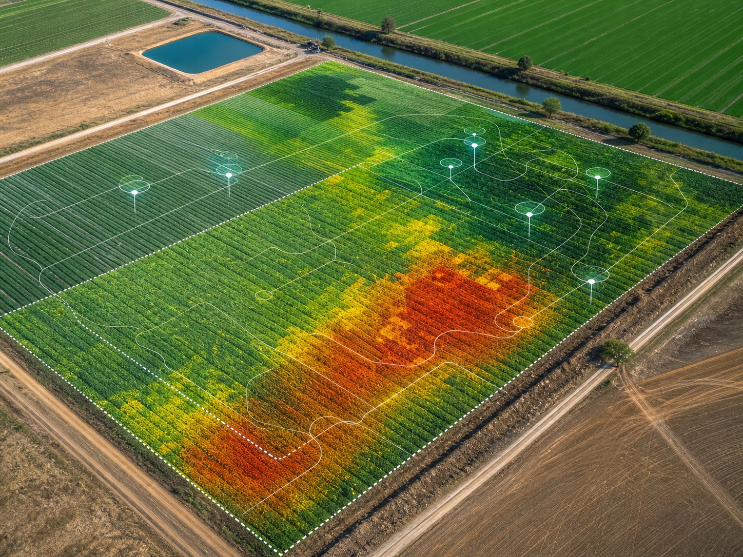 Campo agrícola con capas de análisis de vegetación, riego y suelo