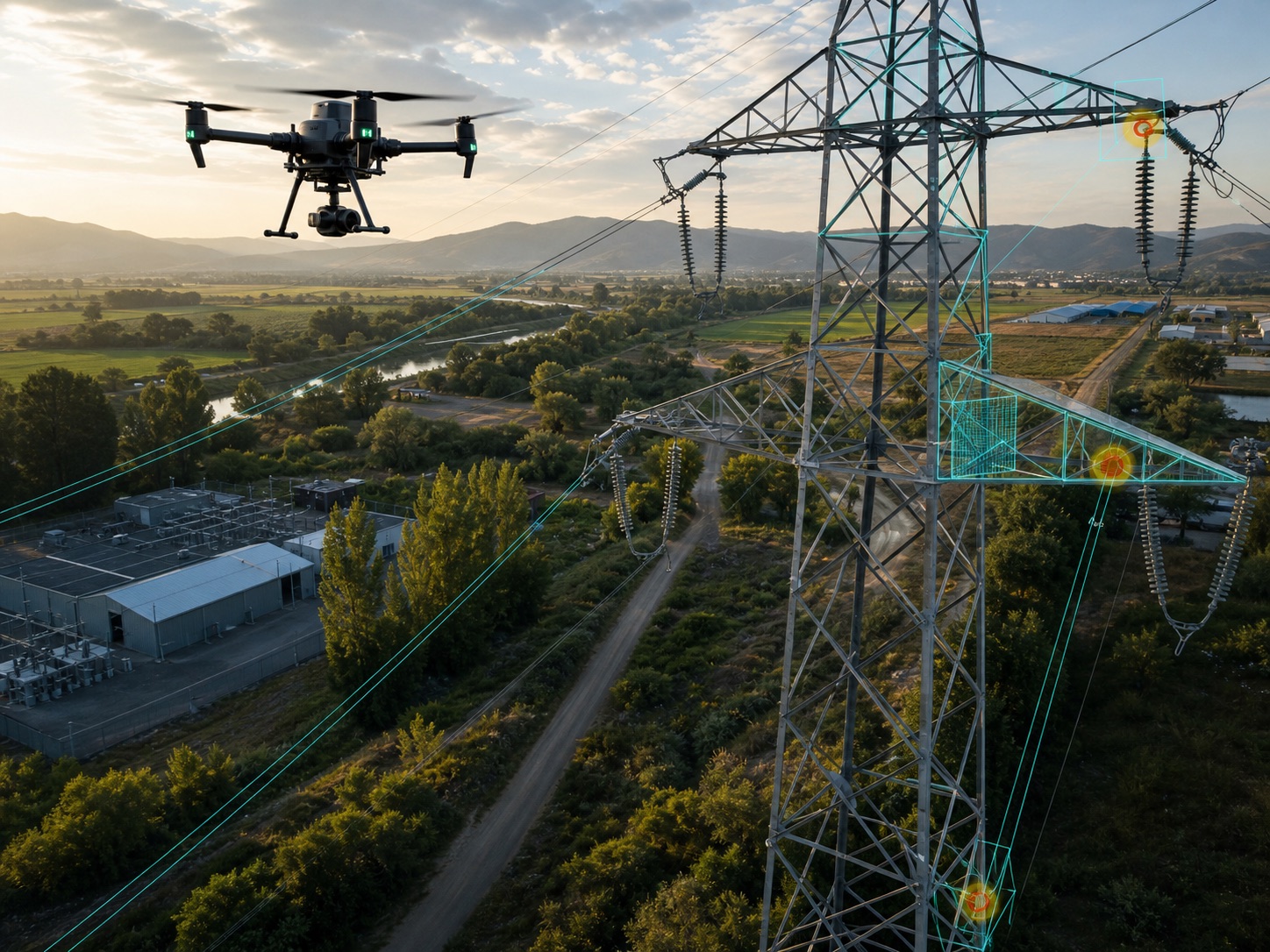 Drone inspeccionando infraestructura eléctrica rural con marcadores de riesgo